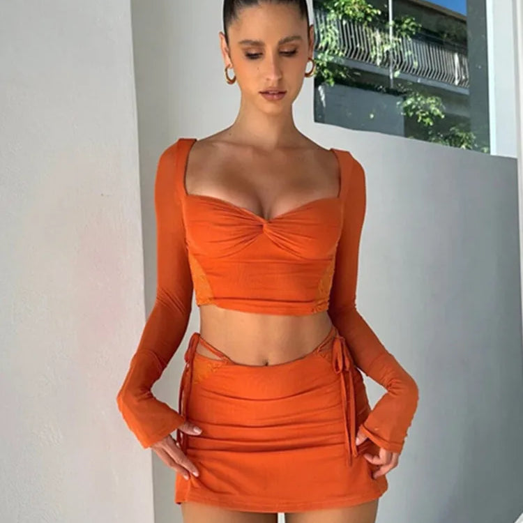 hirigin Women Summer 2 Pieces Outfits Solid Color Sweetheart Neckline Long Sleeve Crop Tops and Side Tie-Up Mini Skirts Set