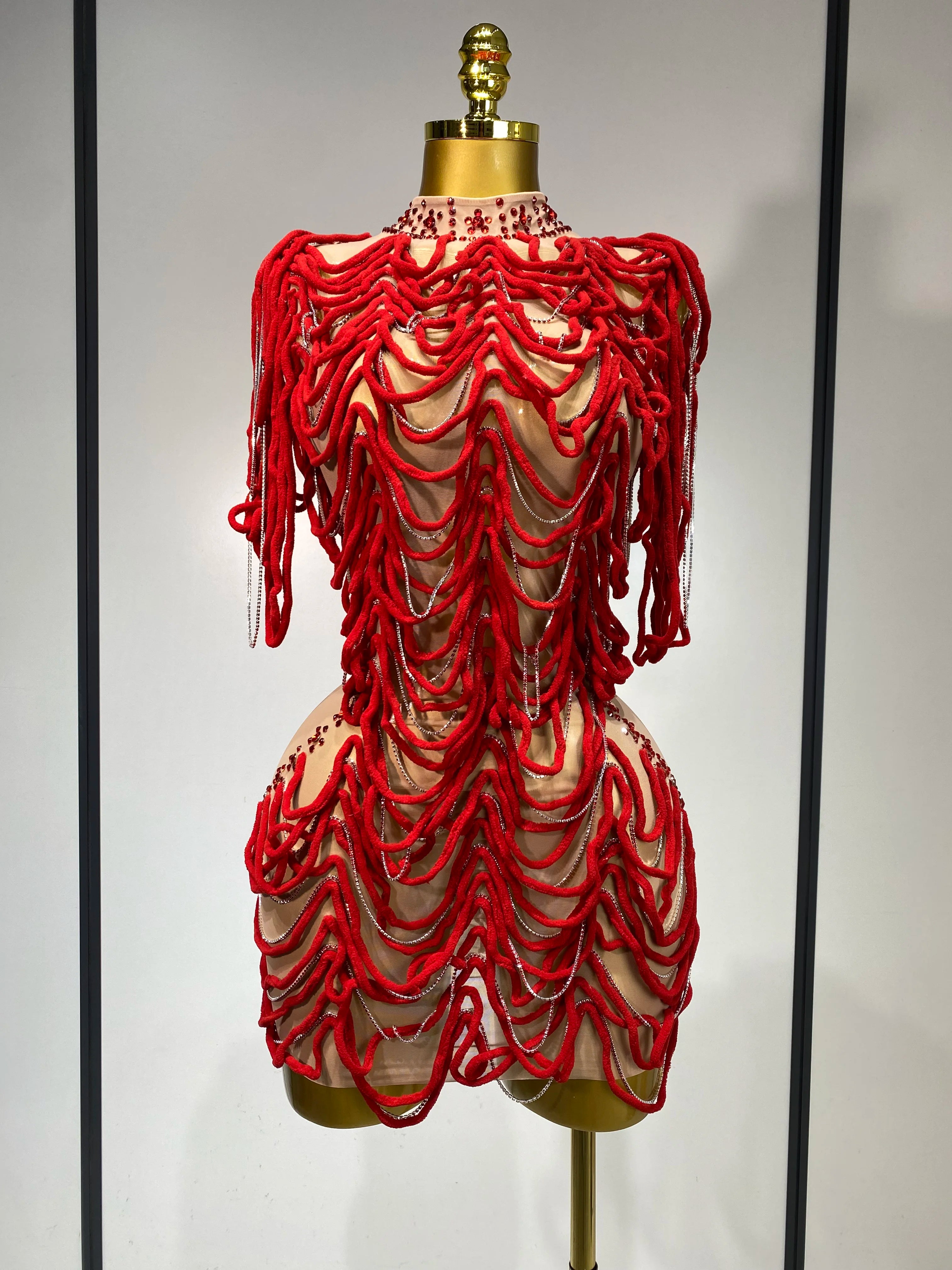 Women Sexy Mesh See Through Designer Rhinestones Chain Stage Performance Costume Nightclub Celebrate Party Luxury Birthday Dress