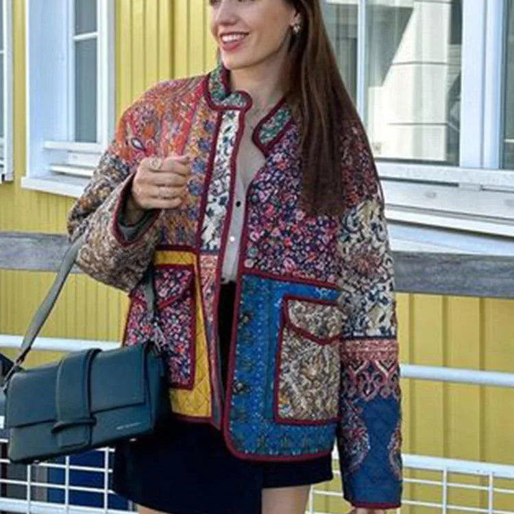 Floral Printed Cotton Jacket For Women Long Sleeve Patchwork Pocket Contrasting Colors Button Ethnic Causal Coat