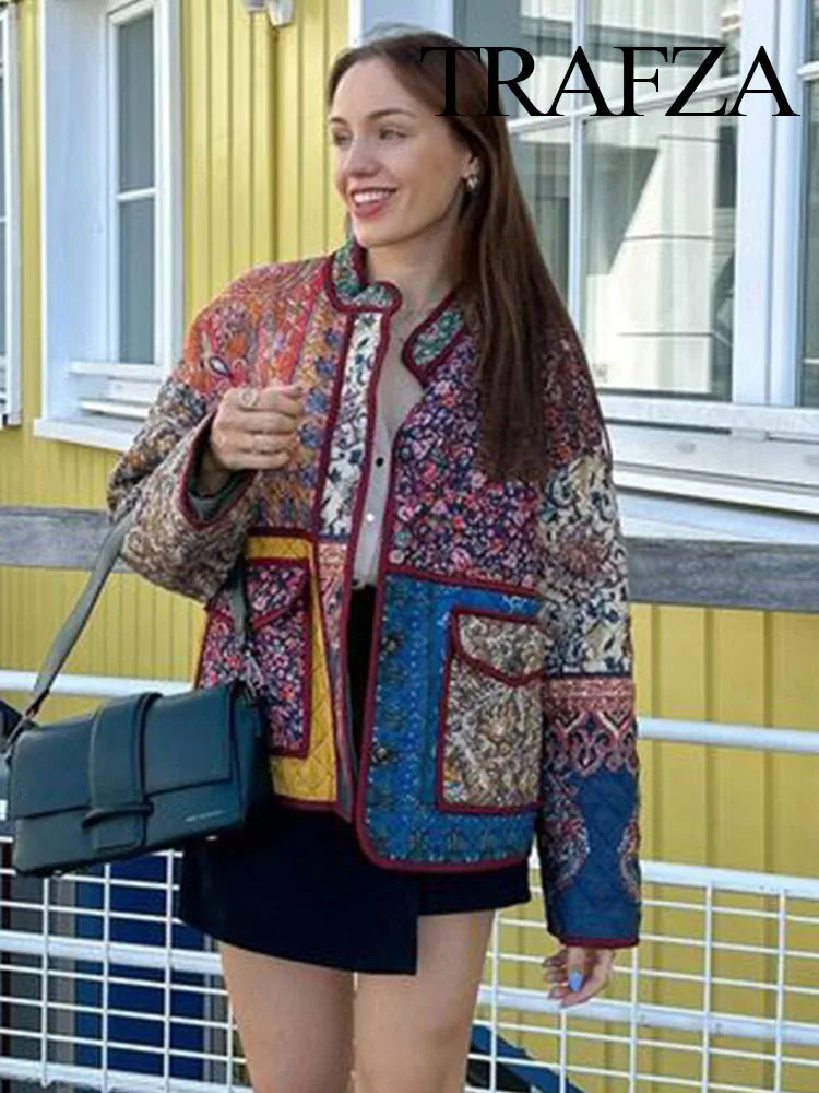 Floral Printed Cotton Jacket For Women Long Sleeve Patchwork Pocket Contrasting Colors Button Ethnic Causal Coat