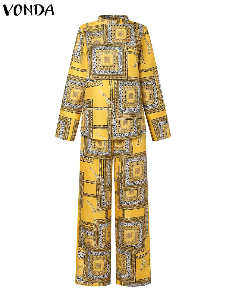 Plus Size VONDA Women Elegant Pant Sets 2025 Long Sleeve Printed Tops and Long Trousers Casual Streetwear Matching Sets