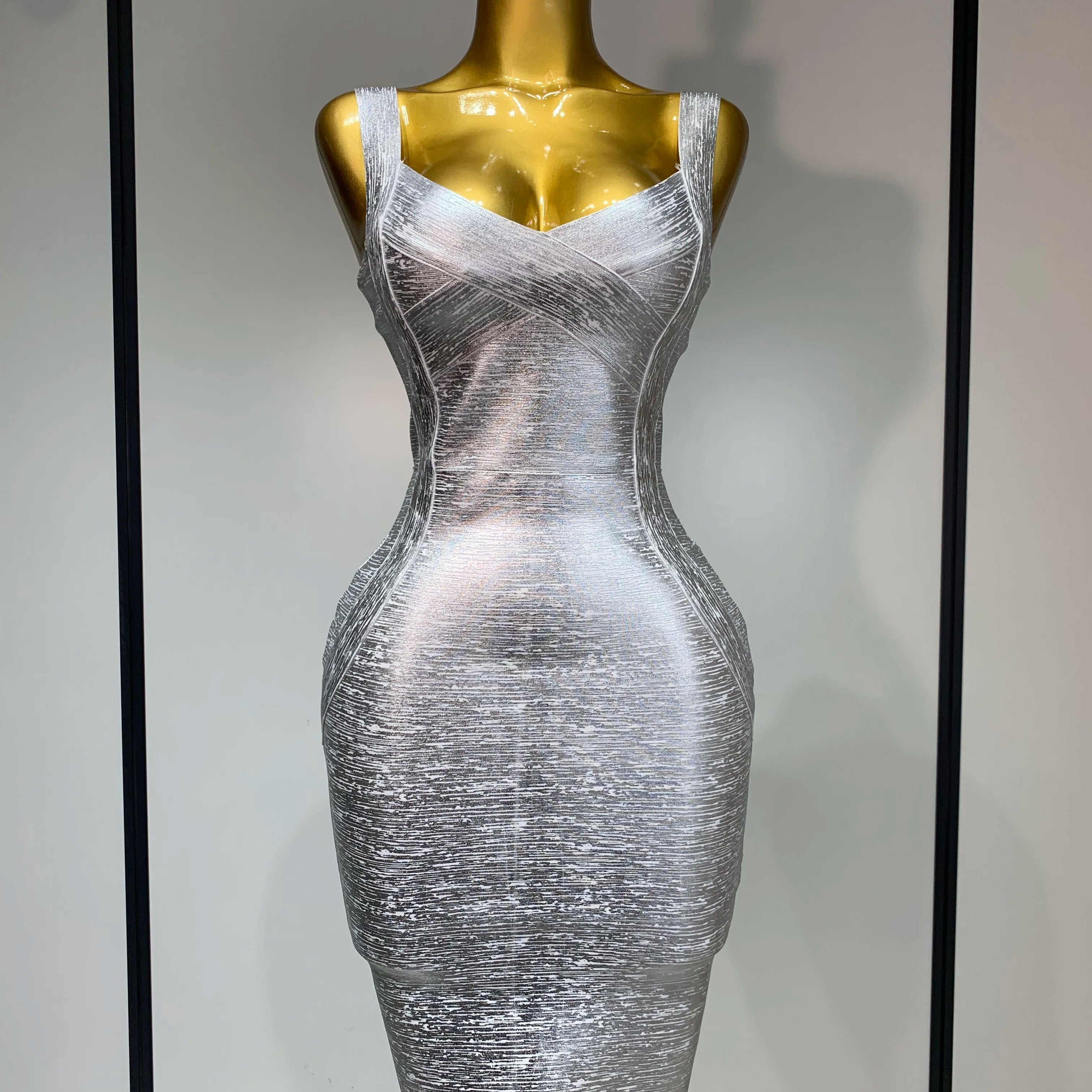 High Quality Women Sleeveless Bodycon Bandage Dress Celebrity Elegant Silver Gold Cocktail Party Birthday Dress Vestidos