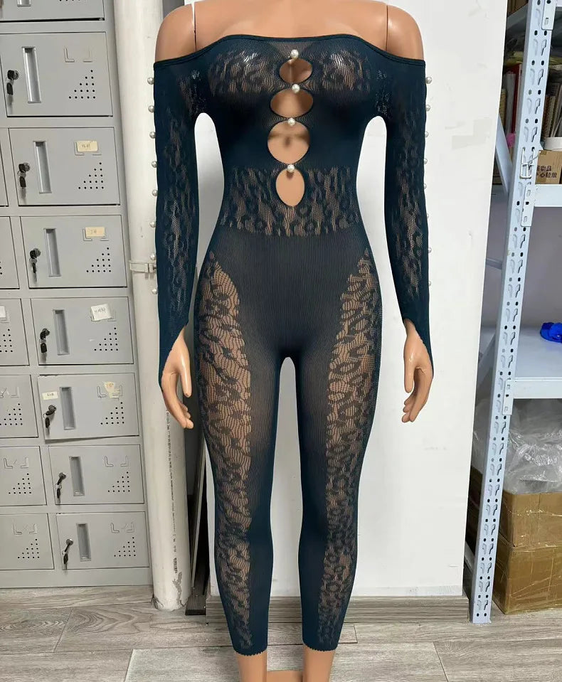 CM.YAYA 2025 Long Sleeve Sexy Leopard Lace See Through Women’s Jumpsuits Summer Slash Neck Night Club Party One Piece Outfits