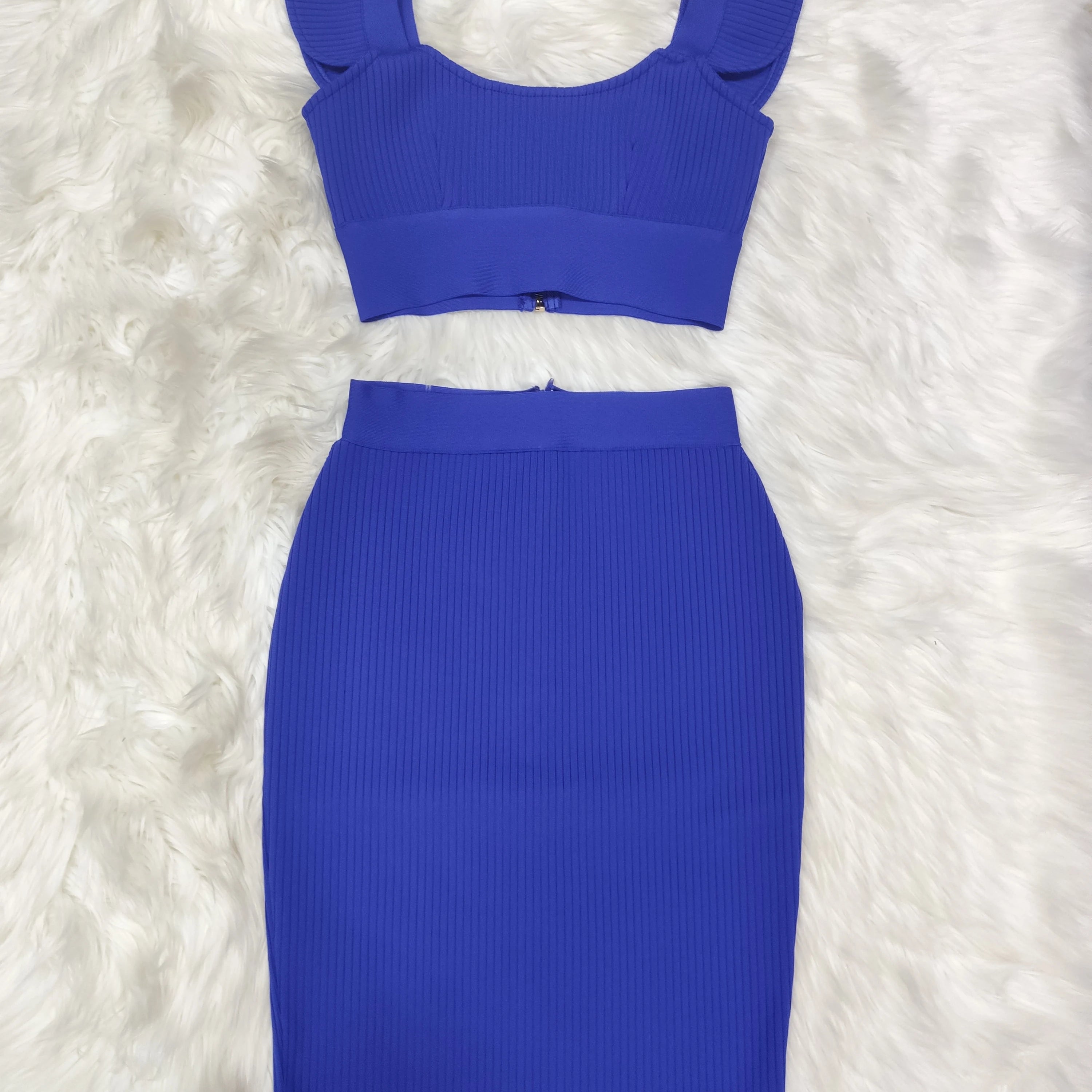 Celebridade Moda Sexy Verde Amarelo Babados Bodycon Rayon Duas Peças Vestido Bandage Duas Peças e Conjunto de Saia