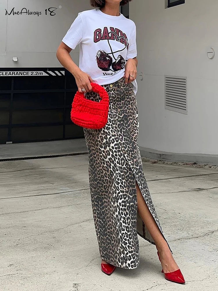 Mnealways18 Vintage Leopard Print Straight Skirts Female Street Chic High Waist Long Skirt Summer Office Split Skirt Cotton Leopard print