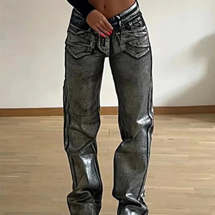 American Metallic High Waist Straight Jeans Women 2024 Fashion Printing Loose Wide Leg Denim Trousers Party Clubwear Black Style 2