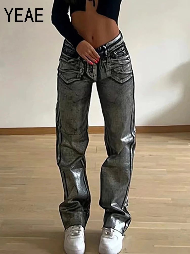 American Metallic High Waist Straight Jeans Women 2024 Fashion Printing Loose Wide Leg Denim Trousers Party Clubwear Black Style 2