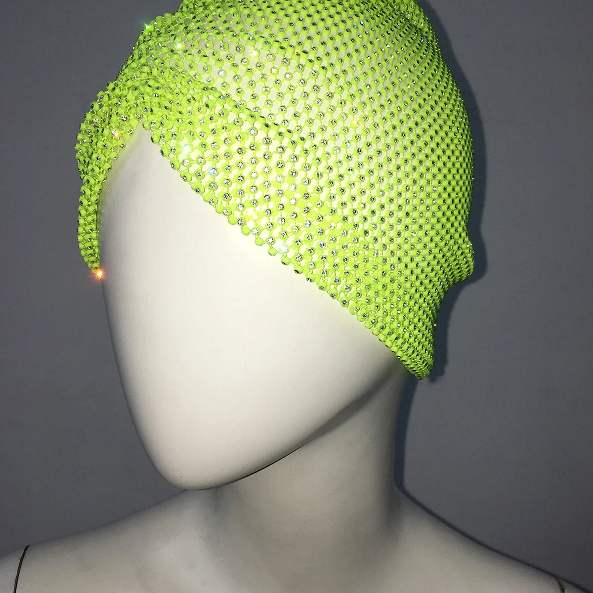 Fishnet Diamond Luxury Cap for Women, Shiny Women's Hat, Rhinestone Kerchief, Hip Hop Headwear, Nightclub Party, Fashion Beanies green One Size