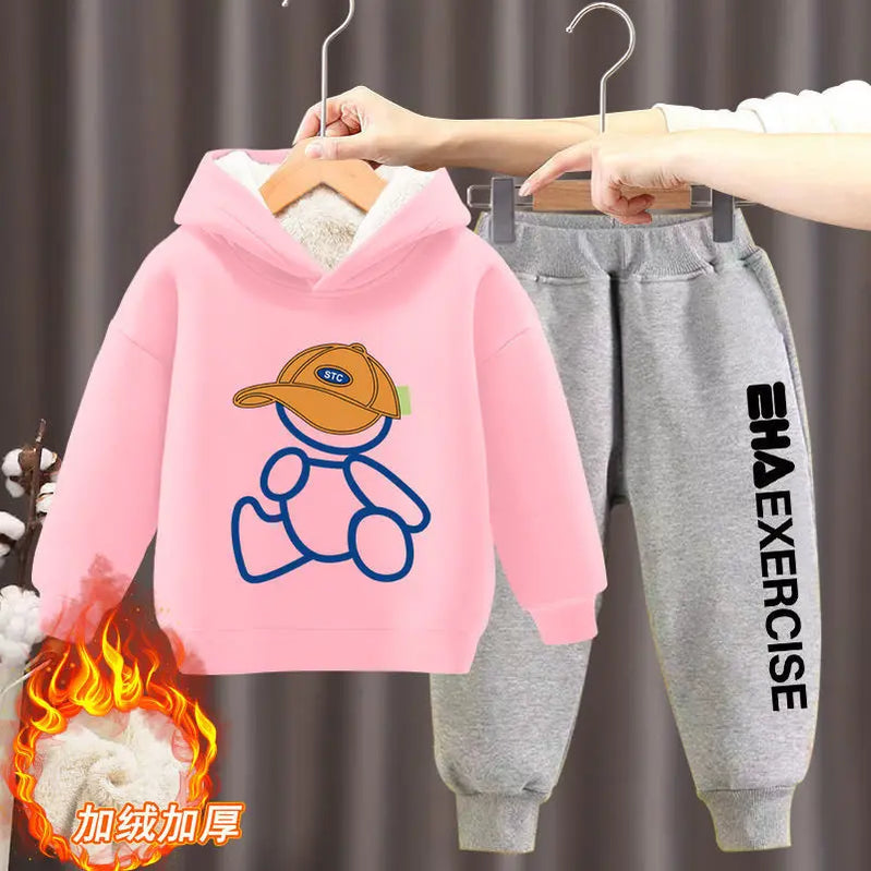 Boys Girls Clothes Hoodies Trousers Sets New Kids Cartoon Autumn Winter Long Sleeve Fleece Warm Sweatshirts Outfits 2Pcs 2-12Y 2pcs pink B