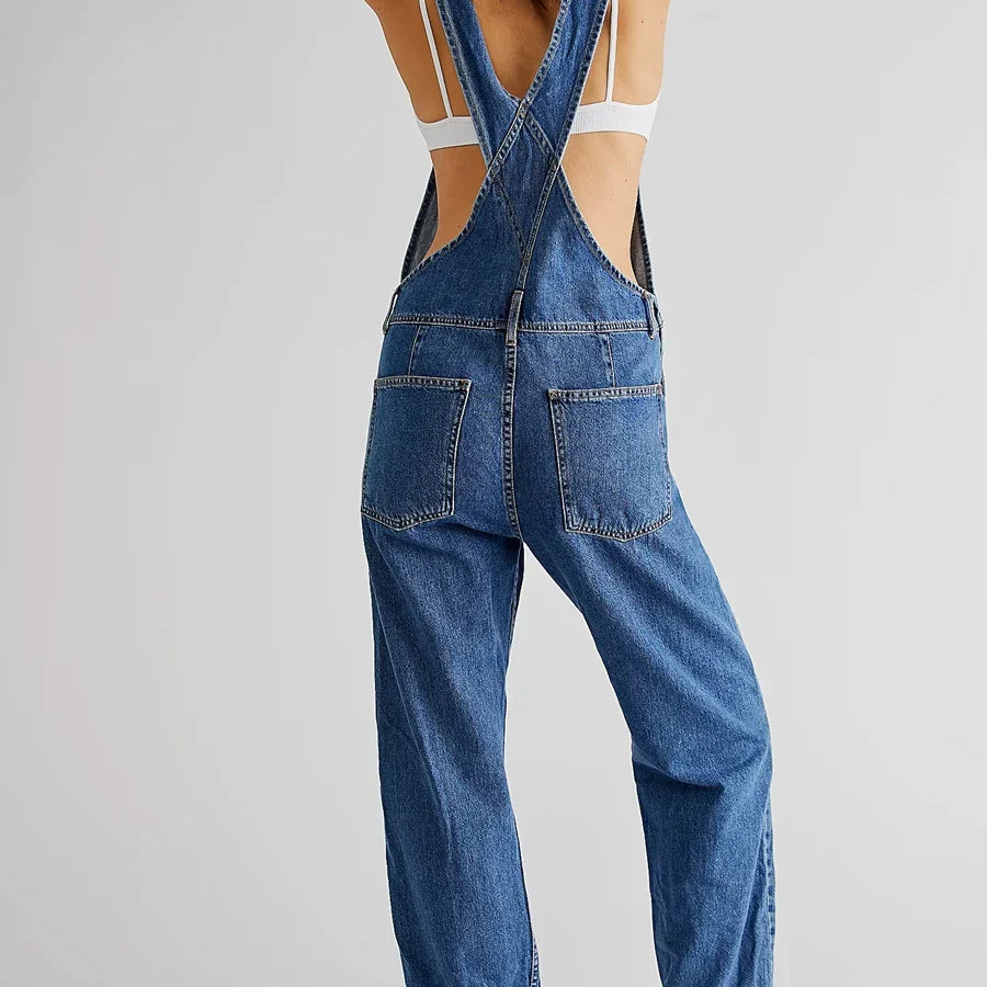Women Vintage Retro Denim Long Jumpsuit Casual Spaghetti Strap Straight Romper Suspender Pants Summer Baggy Bib Loose Overalls