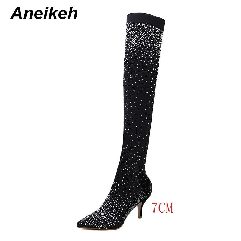 Sexy High Heels Sock Over-the-Knee Boots Pointed Toe Design Crystal Rhinestone Stretch Fabric Pole Dancing Women Shoes 7CM-Black