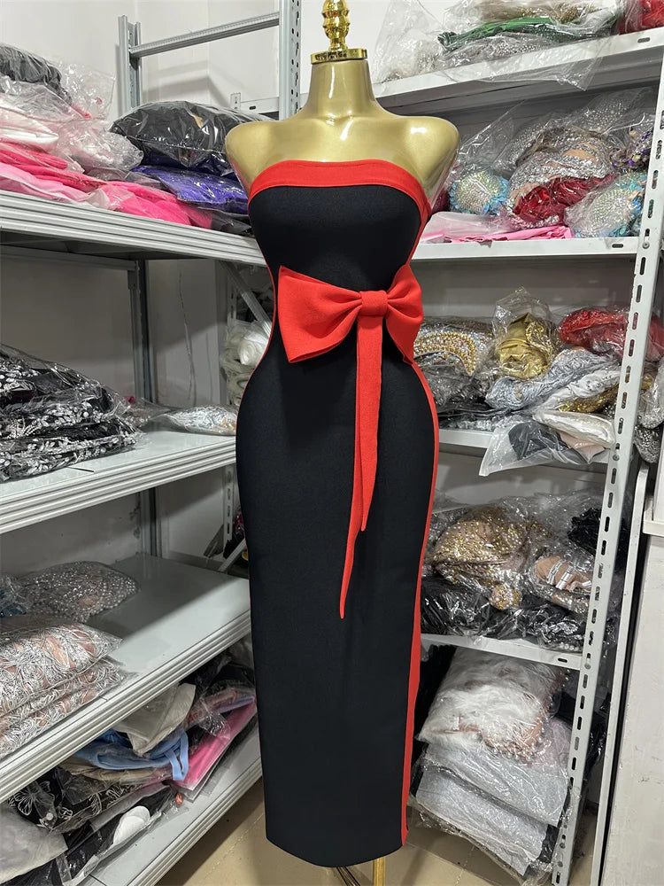 High Quality Women Sexy Strapless Off the Shoulder Bow Bodycon Long Bandage Dress Nightclub Party Celebrate Birthday Outfit