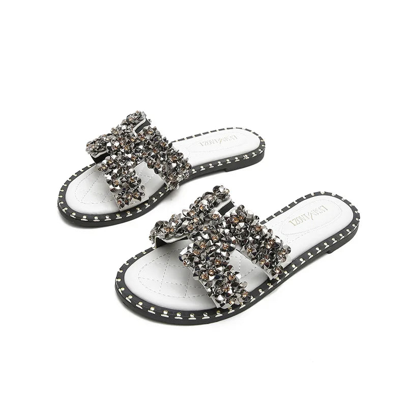 Classic Luxury Rhinestone Slippers for Women Wearing Fashion Summer Designer Sandals WHITE