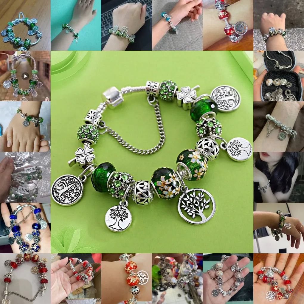 Silver Color Tree of Life Fashion Bead Bracelets Green Leaf Floral Crystal Charm Bracelet & Bangle Pulsera Jewelry