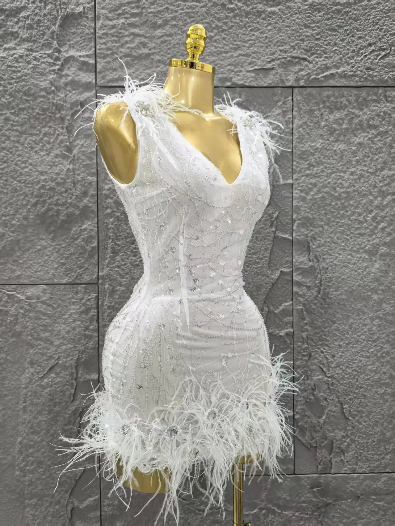 White Color Women Sleeveless V-Neck Bodycon Feathers Mini Dress Girls' Cute Birthday Party Cocktail Outfit Clothing