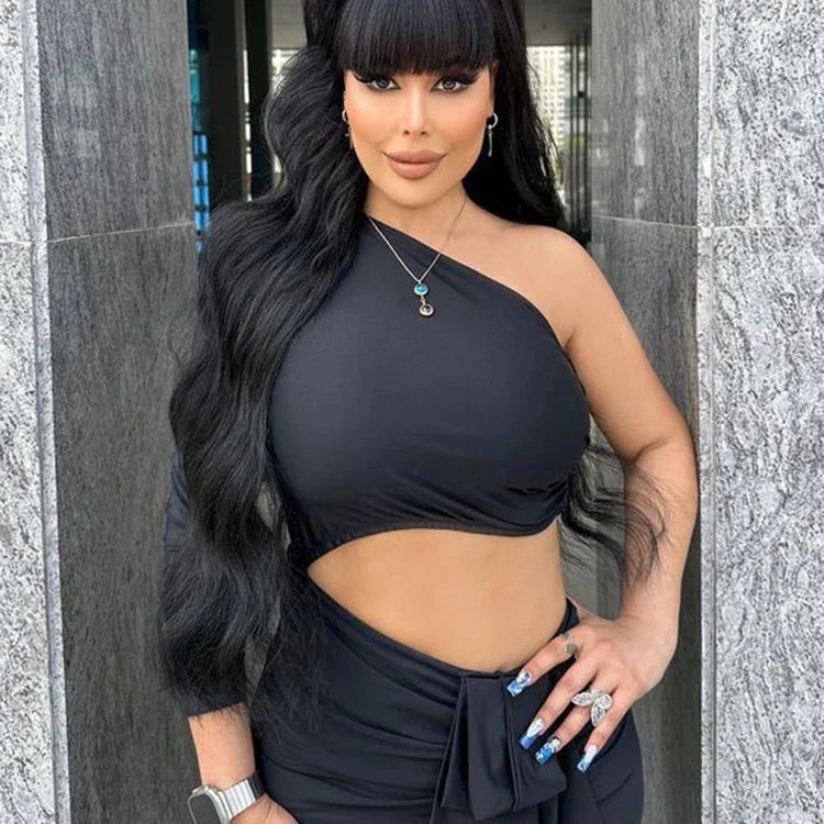 VC Black Long Dress Women Diagonal Collar One-Shoulder High Slit Ruched Design Evening Party Dress 2022 Autumn Winter New