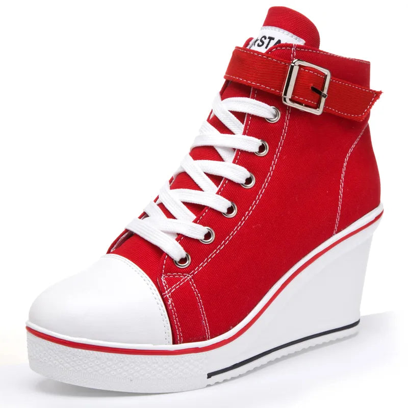 High Top Canvas Women Wedge Shoes Women's Denim Ankle Lace Up Ladies Ankle Canvas Shoes Woman 8cm Heels Sneakers Red