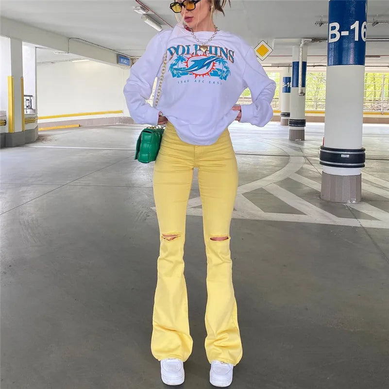 Women Stretch Flare Yellow Ripped Jeans Lady Vintage Y2K Punk High Waist Hips Strap Pants Lady Streetwear Bell Bottom Trousers