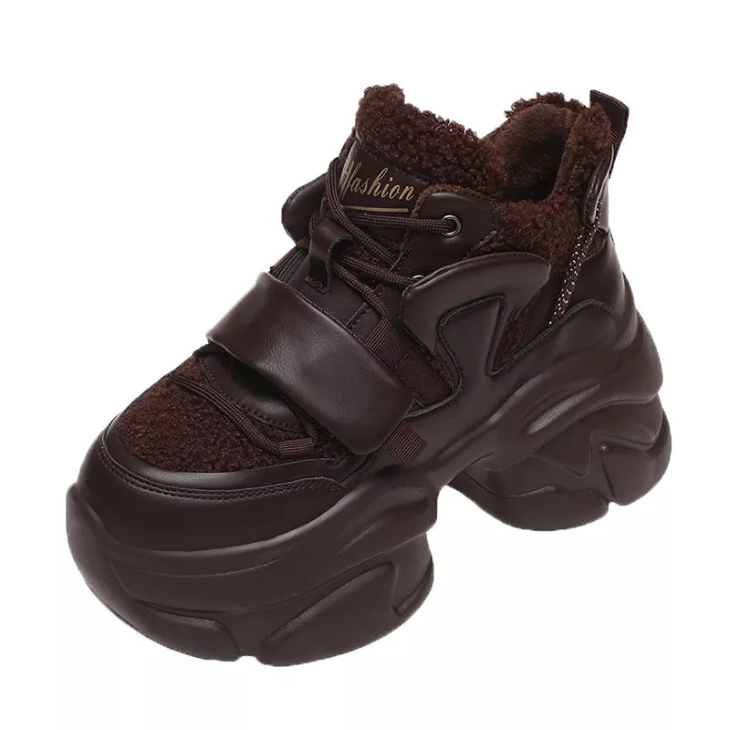 Winter Women Platform Warm Sneakers Leather Casual Trainers Chunky Shoes 8CM Heels Autumn Wedges Height Increasing Sports Shoes brown