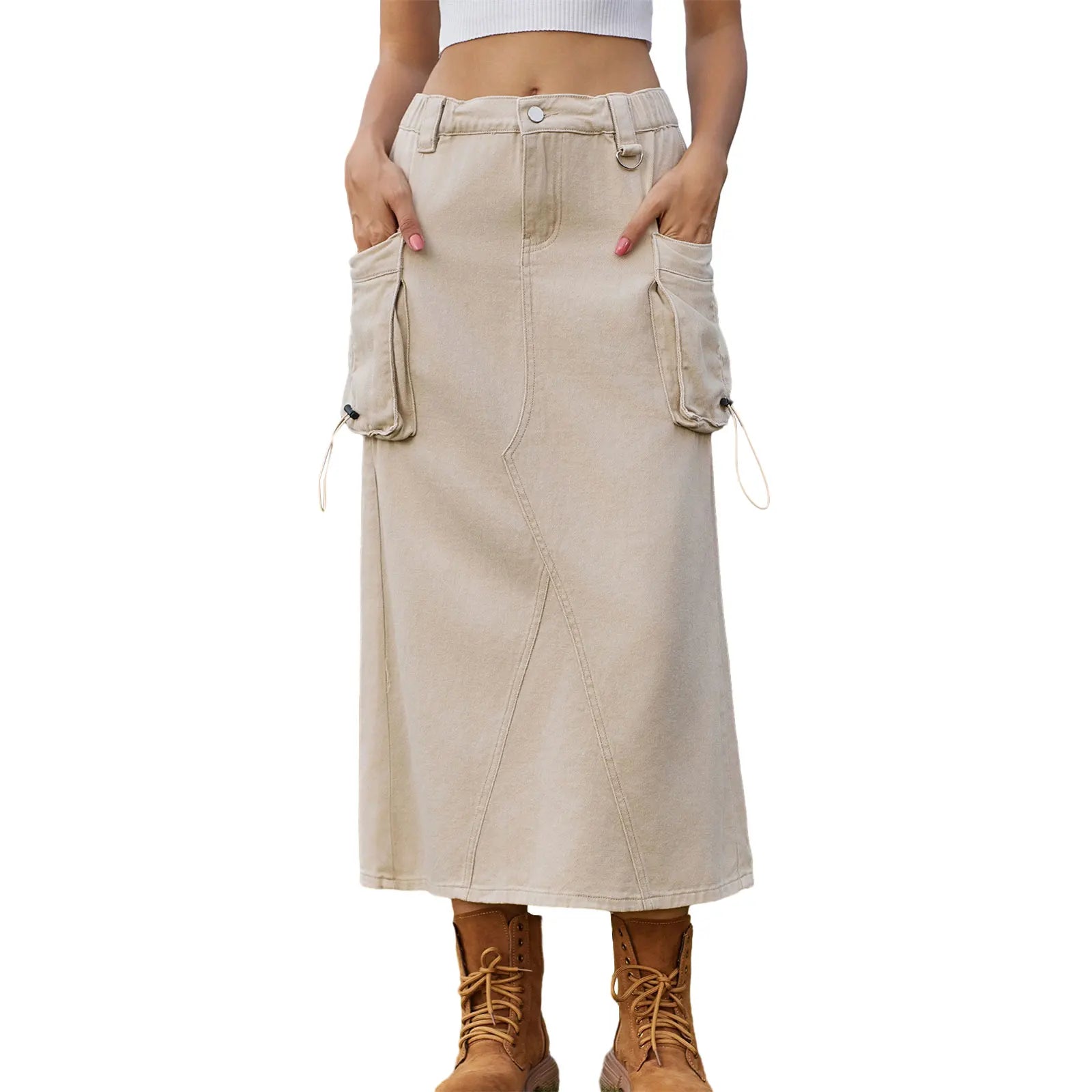 Edhomenn Women s Midi Cargo Skirt Solid Color Drawstring Denim Skirt with Pockets Y2k Long Skirt Streetwear Khaki