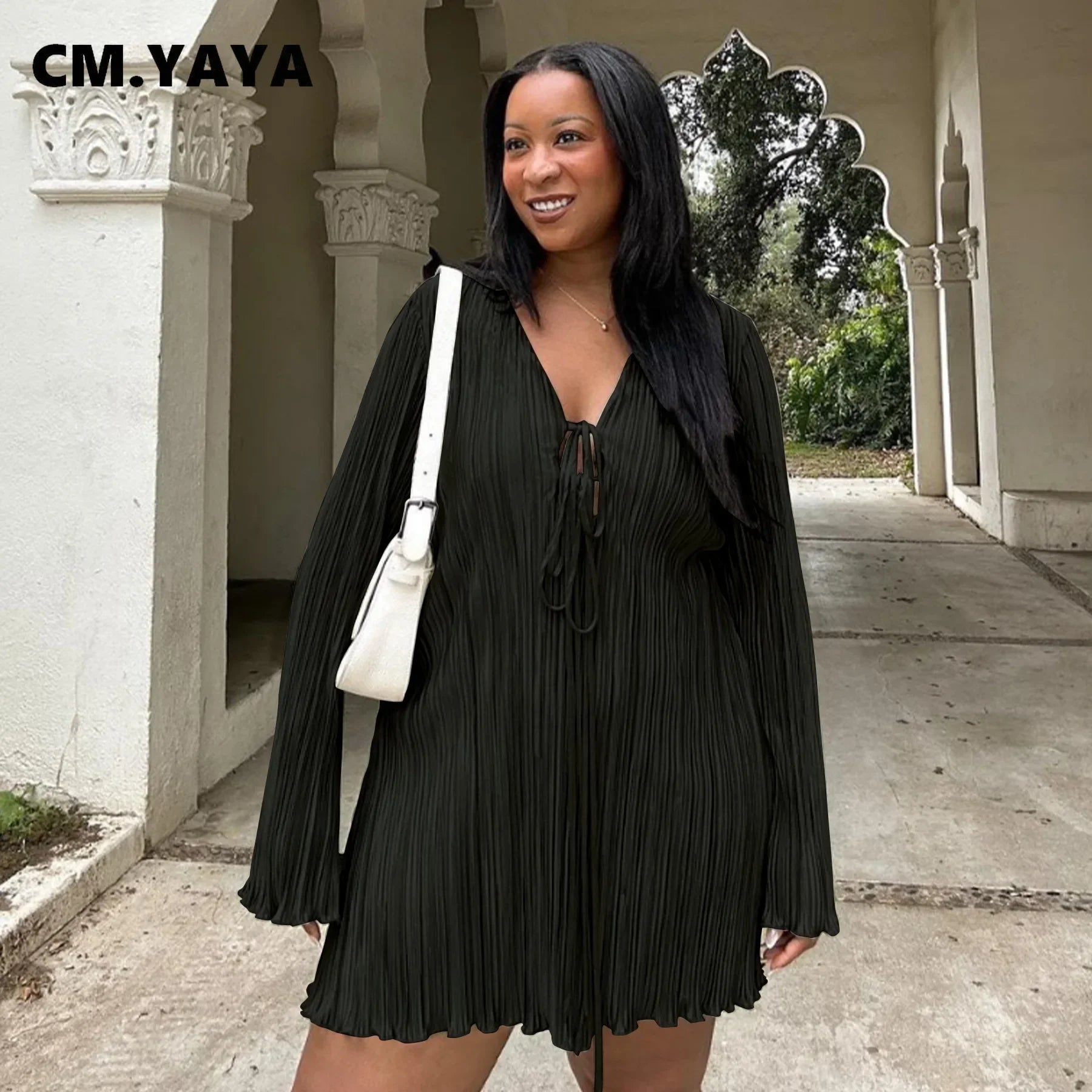CM.YAYA Long Sleeve Women V-neck Pleated Dress Casual Streetwear Plus Size Mini Dresses 2024 Autumn Slim Party Casual