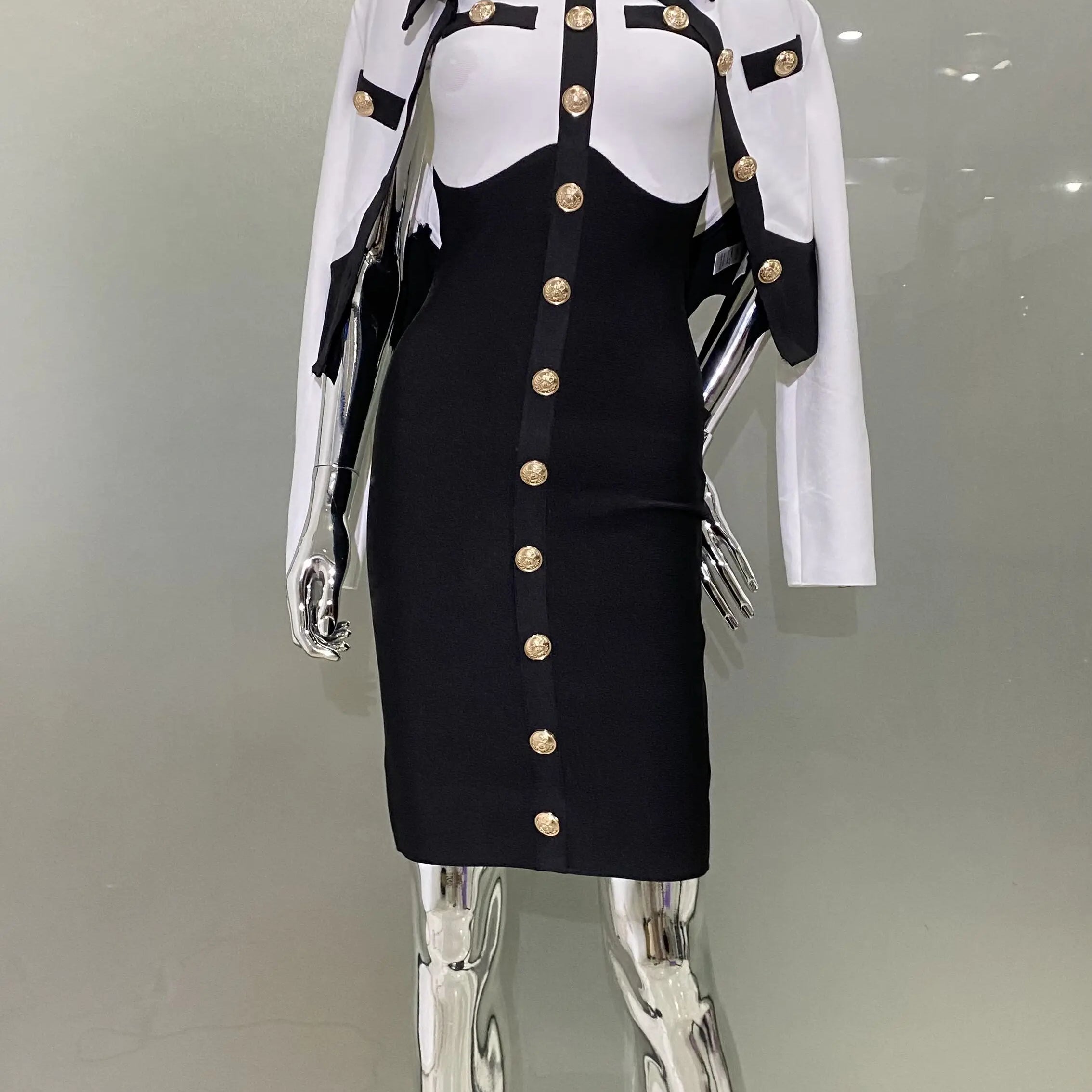 New Arrivals Fashionable  Women's Bandage Set Golden Buttons White Patchwork Black Coat And Sleeveless Bodycon MIini Dress