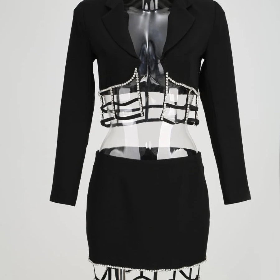 TWOTWINSTYLE Solid Slimming Spliced Bead Two Piece Sets for Women Lapel Long Sleeves Top High Waist Skirt Hollow Out Set Female