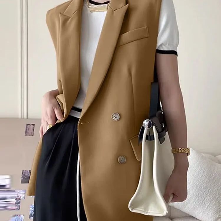 Fashion Women Vests Korean Style Sleeveless Casual Blazer Elegant Peak Lapel Suit Coats Oversize OL Black Vests Khaki