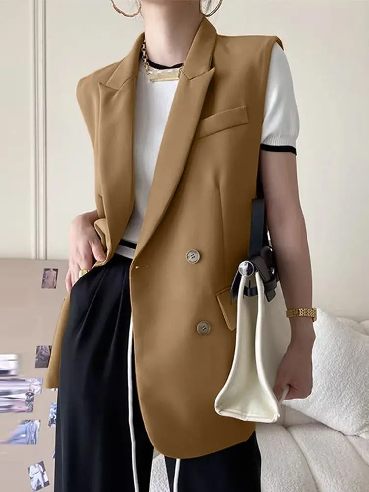 Fashion Women Vests Korean Style Sleeveless Casual Blazer Elegant Peak Lapel Suit Coats Oversize OL Black Vests Khaki