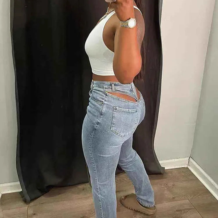 Cut Out Tight Pencil Jeans Women Denim Streetwear High Waist Vintage Wash Skinny Long Trousers Fairycore Grunge Pants