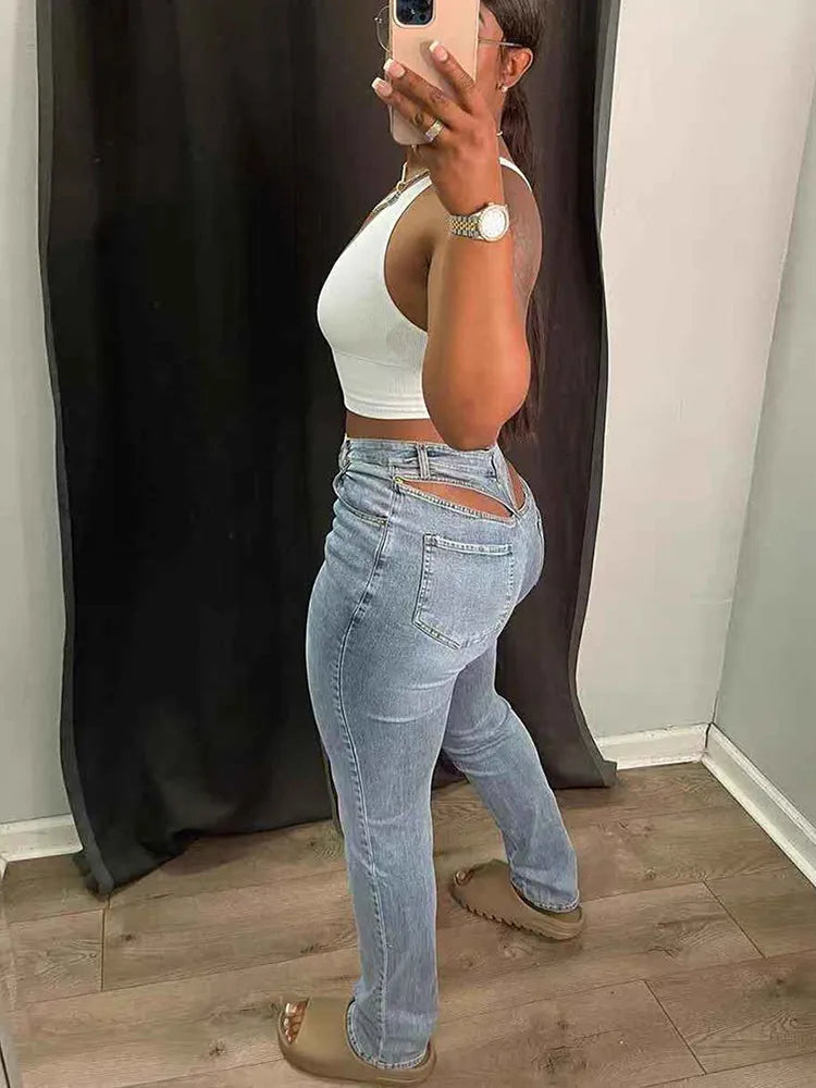Cut Out Tight Pencil Jeans Women Denim Streetwear High Waist Vintage Wash Skinny Long Trousers Fairycore Grunge Pants