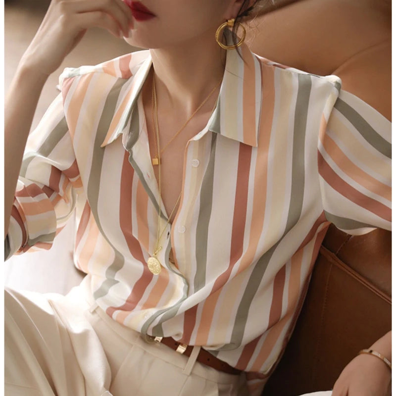 Stripe Women Shirt Satin Vintage Shirt for Women Autumn Clothes Korean Fashion Shirts and Blouses Basic Elegant Womens Tops