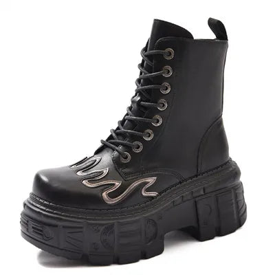 Fashion Women Punk Lace-Up Round Toe Boots For Woman's Thick Bottom Knee High Botas Mujer 2025 Motorcycle Party Platform Shoes
