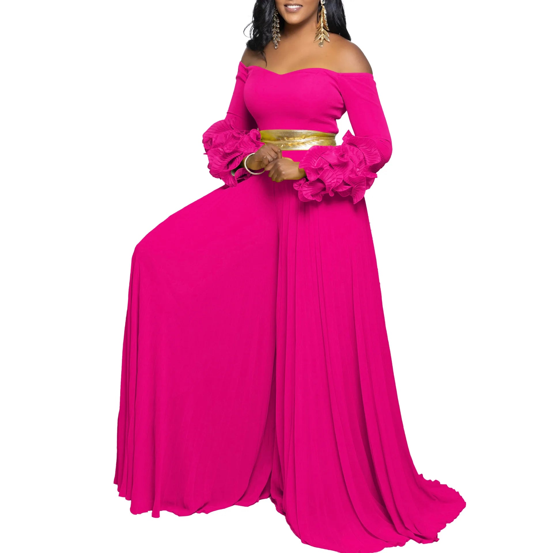 CM.YAYA Women Long Ruffles Sleeve Pleated Slash Neck Wide Leg Long Jumpsuits Party Beach belt Street Sexy Africa Outfit Rompers