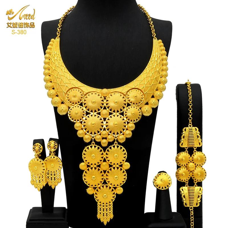 Indian Big Plated Gold Jewelry Women Necklace Sets Dubai African Party Bridal Wedding Gifts Arabic Necklace Jewelry Sets S-380