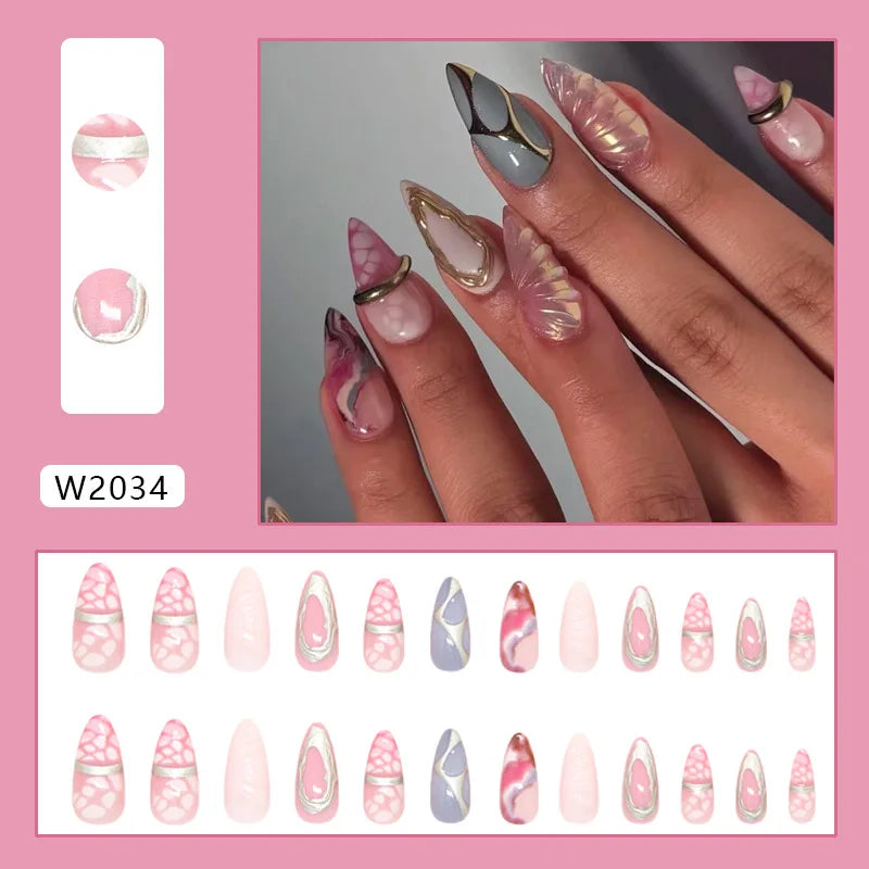 24pcs Ins Almond Press on Nails Gothic Sliver Metal Line y2k Fake Nails Detachable Wearable Sweet Cool Spicy Girl False Nails