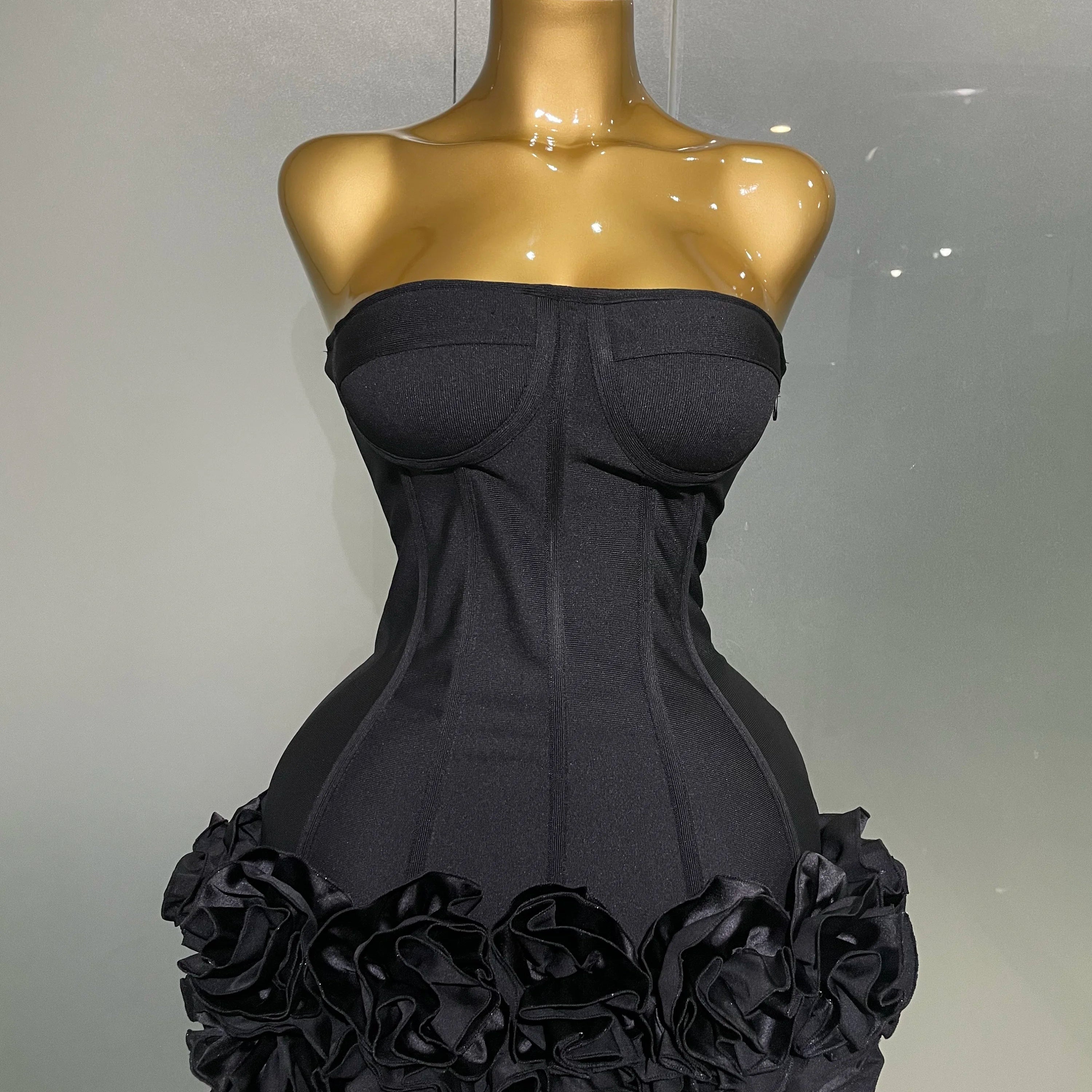 Women Evening Bandage Dress Strapless Bodycon Flowers Mini Celebrity Sexy Birthday Party Dresses Photo Shoot Nightclub Outfit