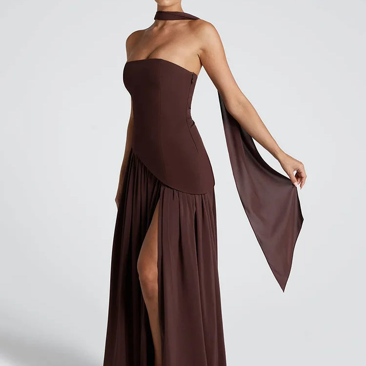 Strapless Off-shoulder Sexy Maxi Dress For Women Gown Patchwork Scarf Collar Thigh High Split Club Party Long Dress