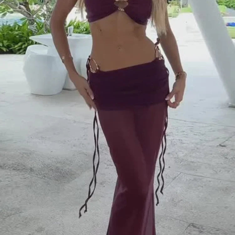 Women Sexy Bikini Set Solid Bikinis fashion hollow out mesh high waist slim long skirts suit female summer new holiday beachwear