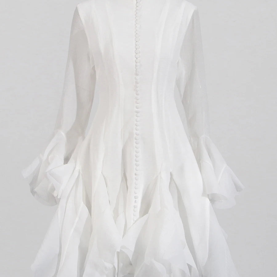 TWOTWINSTYLE Solid Spliced Button Slimming Dresses For Women O Neck Long Sleeve High Waist Patchwork Ruffles Female Fashion