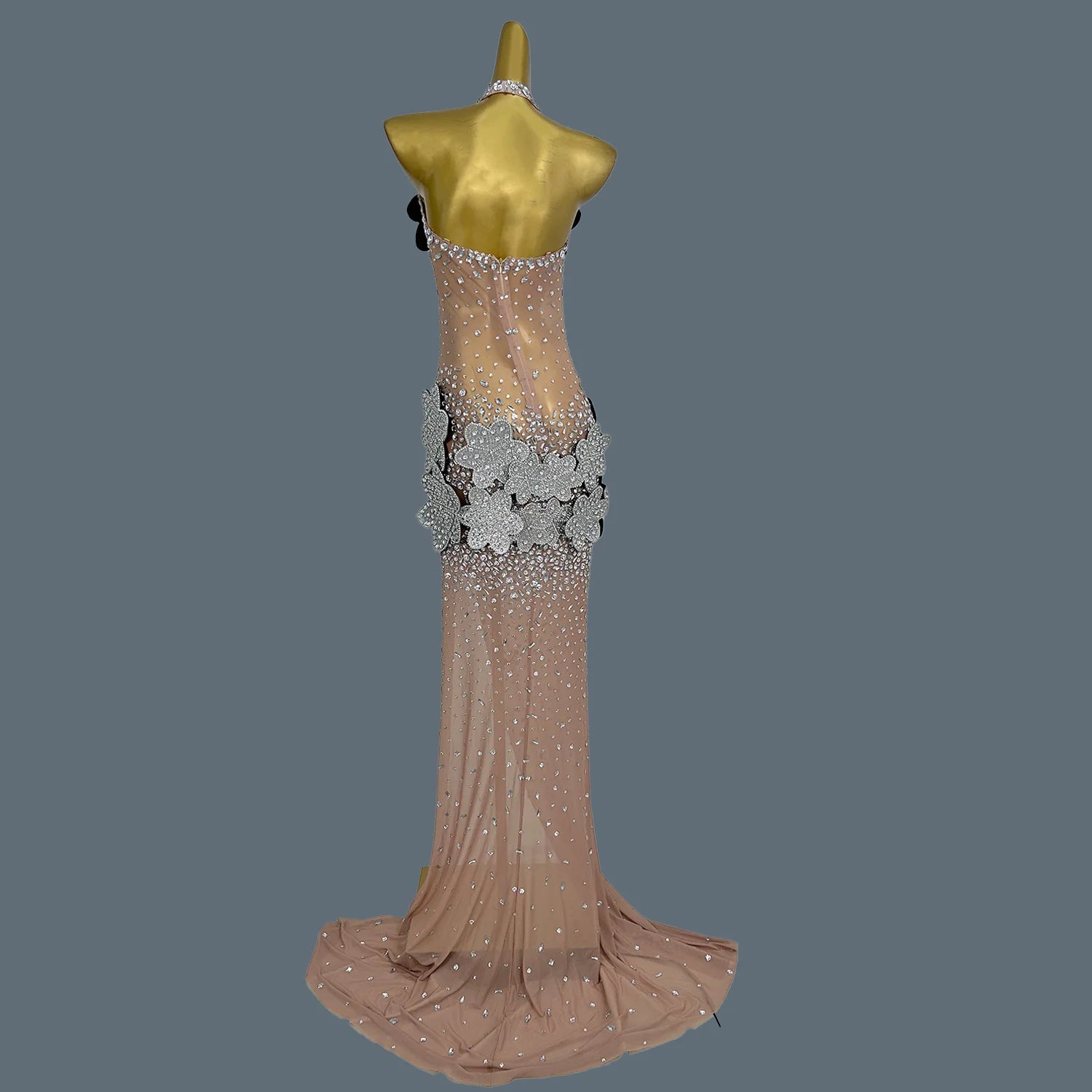 3D Flower See Through Mesh Evening Dress Sexy Women High end Couture Sparkly Rhinestone Party Long Dress Event Outfit Tiehua