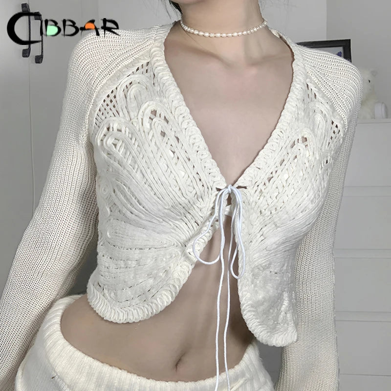 White Butterfly Shaped Sweater Cardigan Sexy Split Lace-up Knitwears Solid Elegant Autumn Clothing y2k Aesthetic Outfits