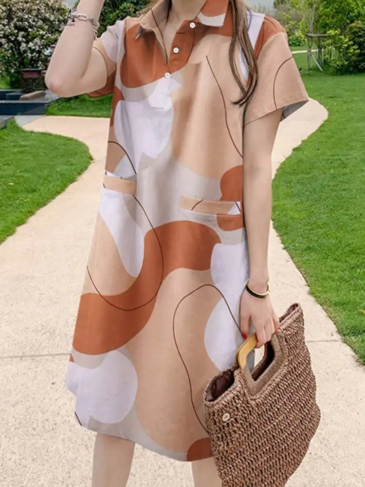 Casual Floral Print Dresses Women Holiday Short Sleeve Vestidos Oversize Shirt Robe Elegant Summer Mini Sundress Orange