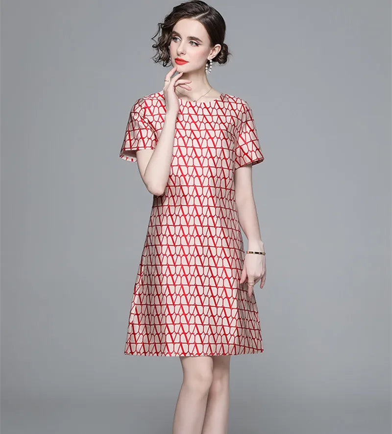 New Fashion Geometry Jacquard Short Sleeve Summer Dress Chic Elegant Temperament A-line Round Neck Dress Women Vestidos