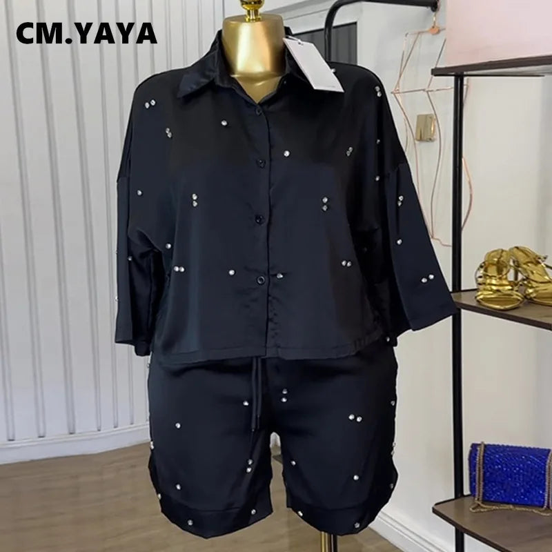 CM.YAYA Beading Women's Set Long Sleeve Shirt and Shorts Suit 2025 Summer OL Fashion Two 2 Piece Sets Outfit Tracksuit