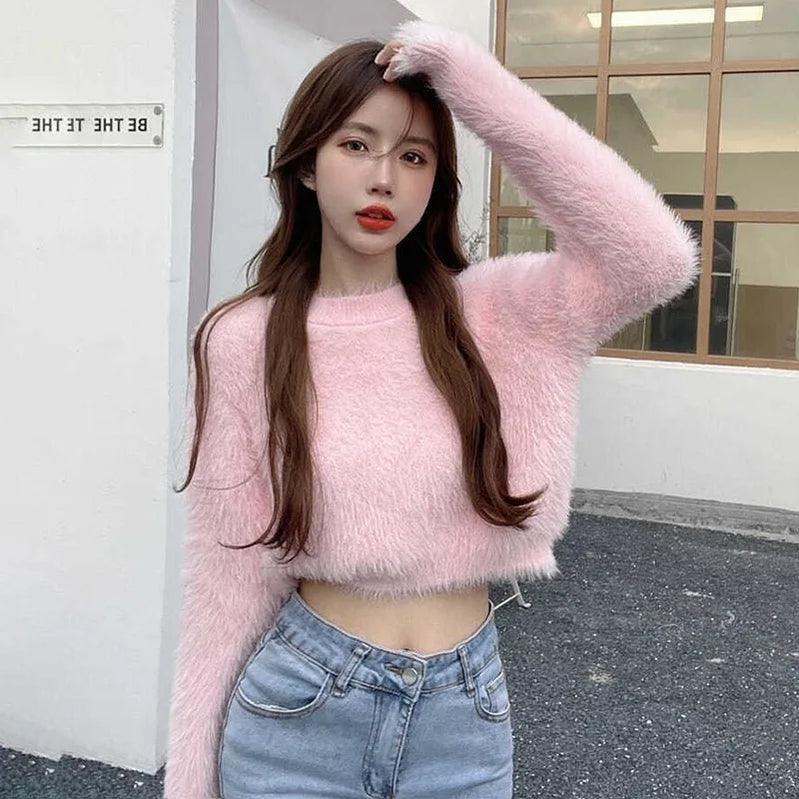 Women Sweater Top Faux Mink Hairy Pullover O Neck Long Sleeve Loose Short Sweater Lady Casual Soft Warm Jumper Knitted Tops