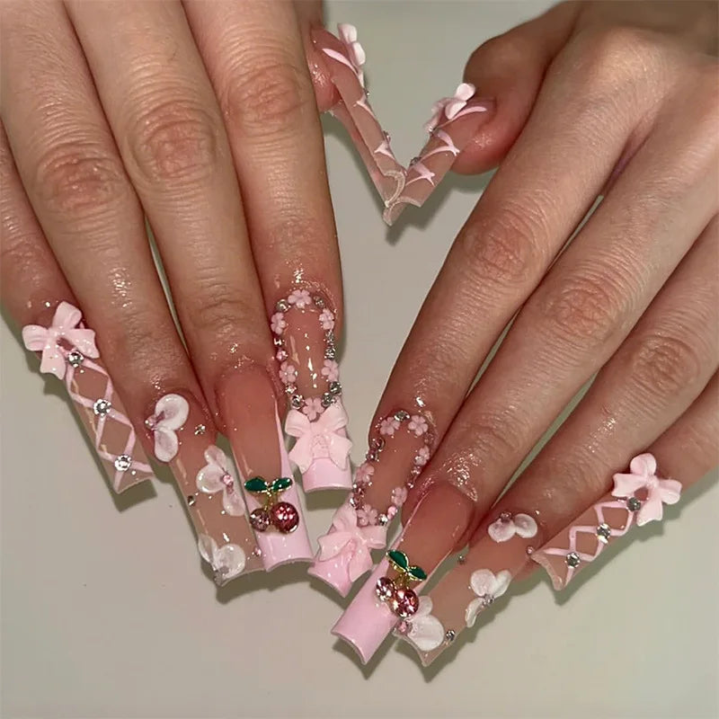 24Pcs Long Square French False Nails with 3D Bow Flower Love Heart Design Fake Nail Pearl Butterfly Reusable Press on Nails Tips