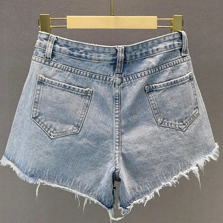 Women's Short Jeans High Waist Distressed Diamonds Tassel Loose Wide Leg Luxury Denim Shorts Autumn Fashion