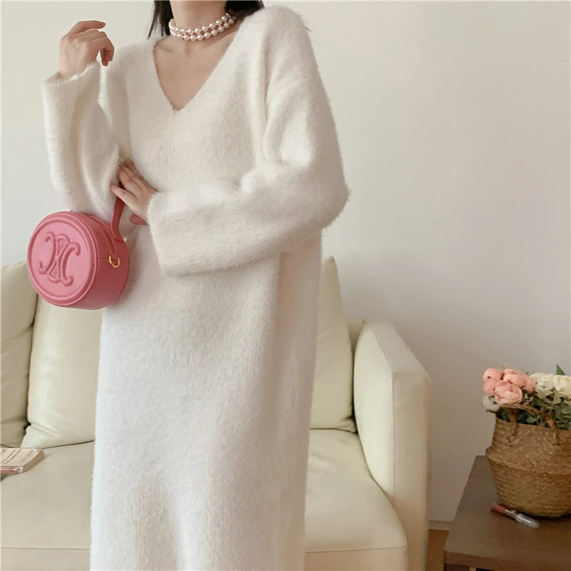 Chic Korean Fashion Knitting Fake Mink Cashmere Elegant Women's Autumn Winter Vintage Long Dresses Beige One Size