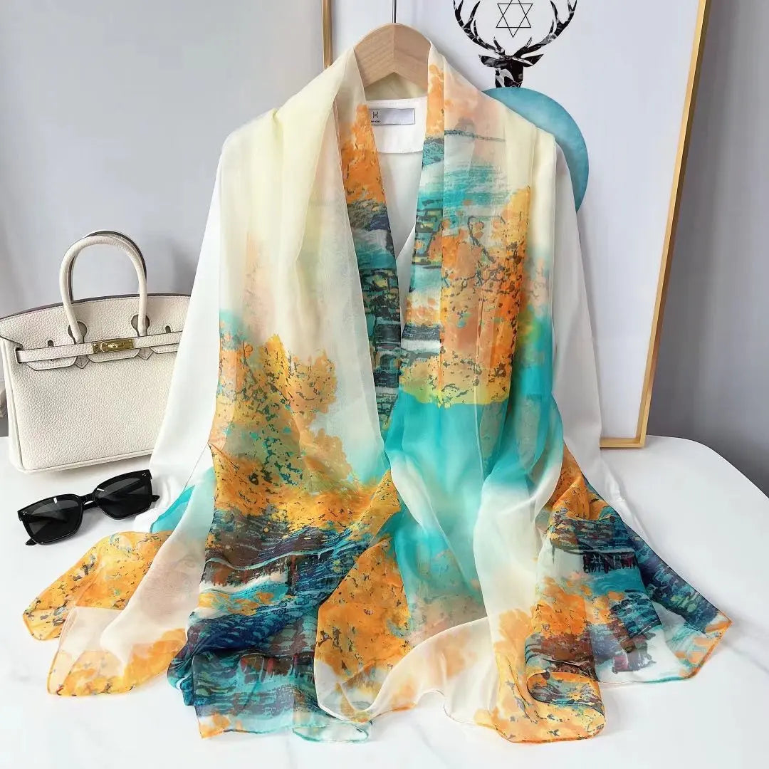 Print Silk Scarf Hijab Women Spring Deisgn Soft Beach Stoles Elegant Head Scarves Echarpe Shawl Satin Large Wrap Echarpe Bandana see chart 41